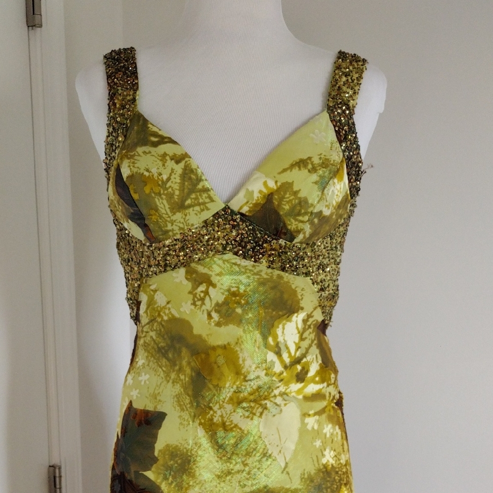 Minerva's Lime Green and Gold Fabric Evening Prom Dress S